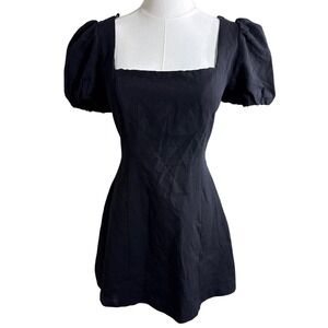 Zara Black Lace Up Back Puff Sleeve Mini Dress Square Neck Linen Blend Medium